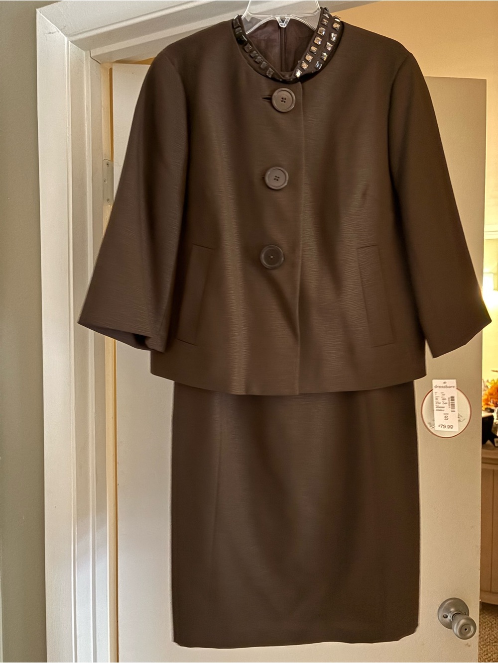 Womens Brown Embellished-Collar Two-Piece Jacket & Skirt Set